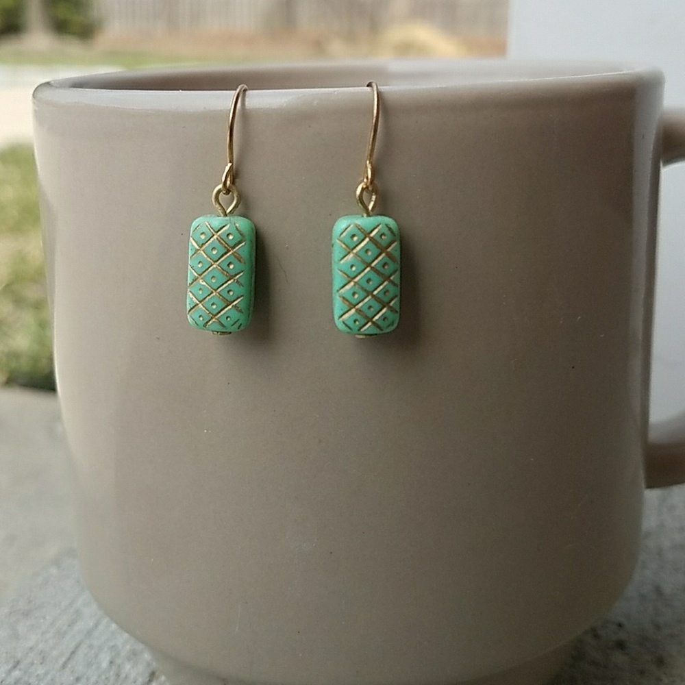 Hand Crafted Aqua and Gold Geometric Earrings